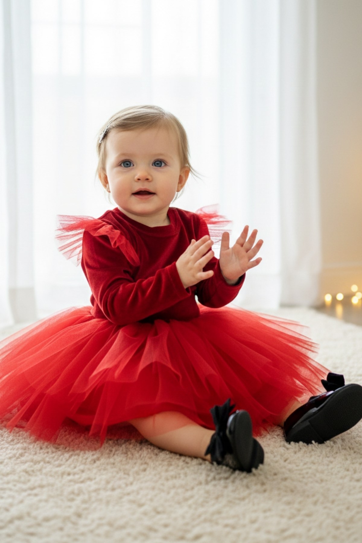 Parla Kids Kız Çocuk Pearly Kırmızı Uzun Kollu Kadife Tüllü Tütü Yılbaşı Düğün Doğum Günü Parti Elbisesi, Elbise – Parla Kids resmi ürün görseli