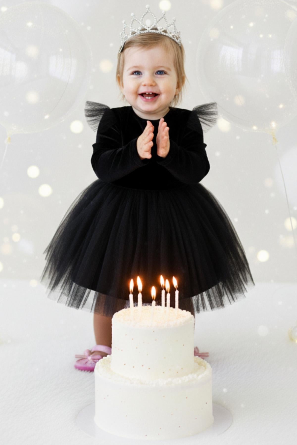 Parla Kids Kız Çocuk Pearly Siyah Uzun Kollu Kadife Tüllü Tütü Yılbaşı Düğün Doğum Günü Parti Elbisesi, Elbise – Parla Kids resmi ürün görseli