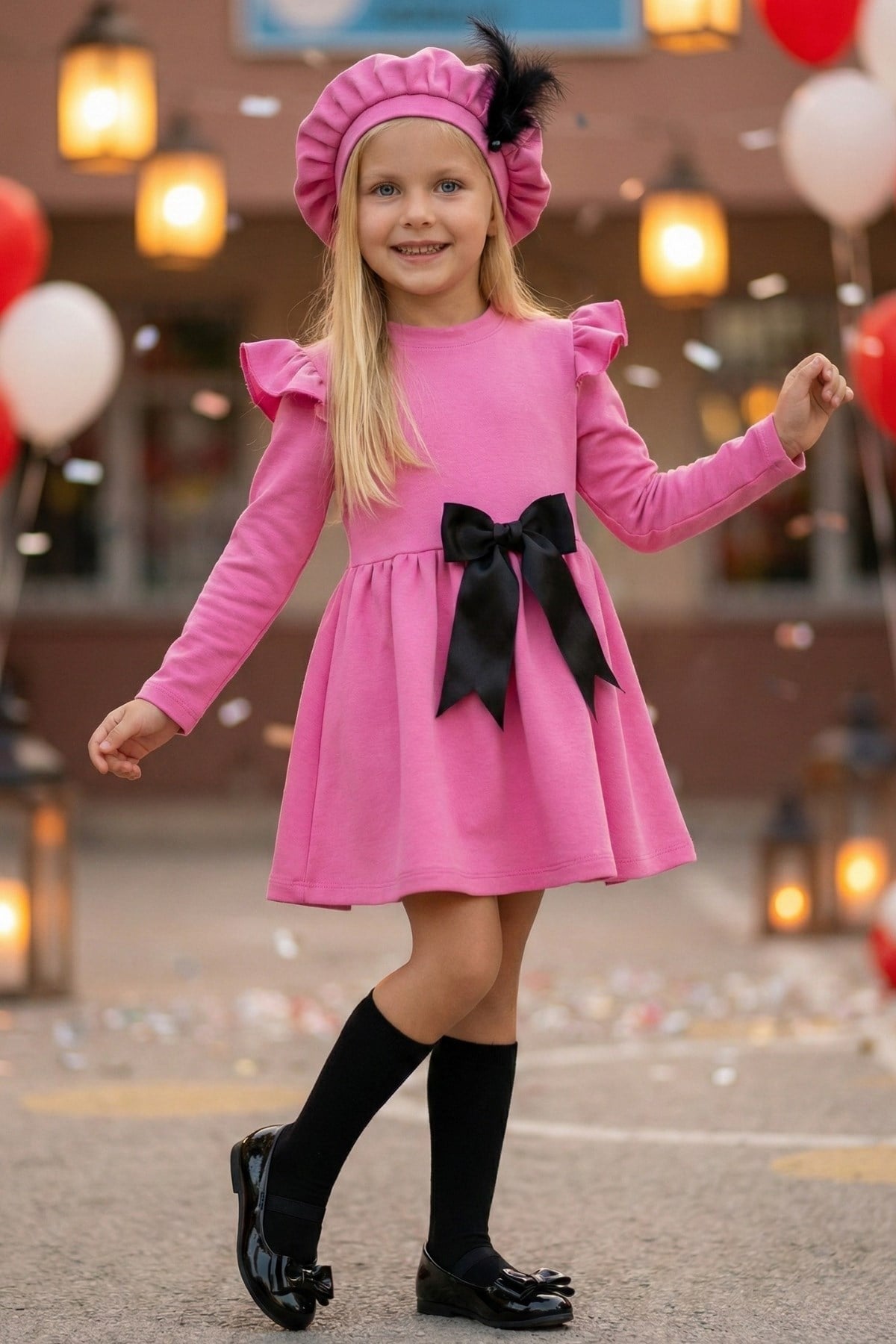 Parla Kids Kız Çocuk Pembe Sofia Pamuklu Fiyonk Detaylı Elbise Kep Abiye Takım, Elbise – Parla Kids resmi ürün görseli