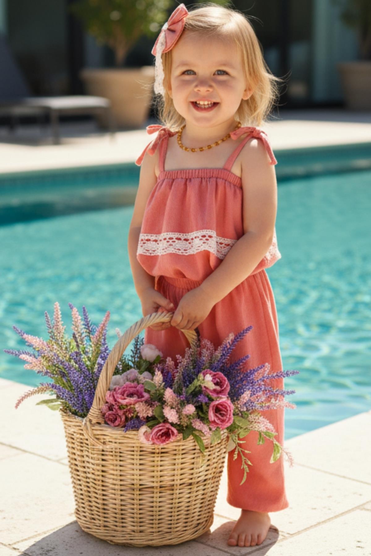 Parla Kids Kız Çocuk Pera Somon Şile Bezi Askılı Dantel Detaylı Tulum Toka Takım, Tulum – Parla Kids resmi ürün görseli
