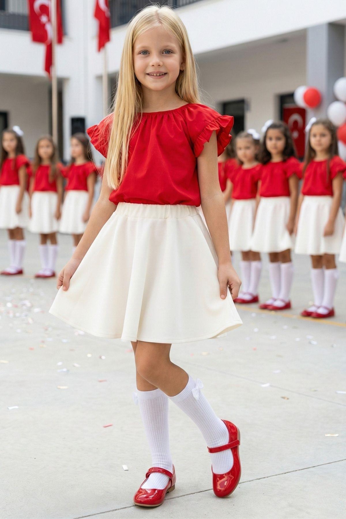Parla Kids Kız Çocuk Kırmızı Bluz Krem Etek 23 Nisan 29 Ekim Gösteri Takımı,  – Parla Kids resmi ürün görseli