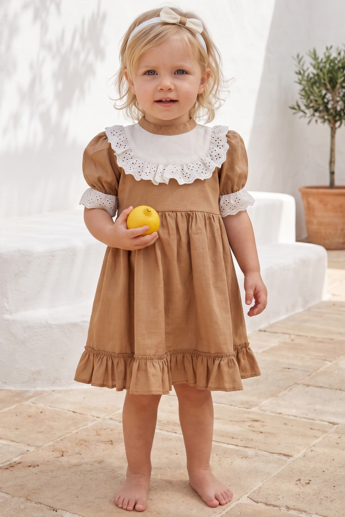 Parla Kids Kız Çocuk Ruby Kahverengi Fırfırlı Dantel Detaylı Kısa Kollu Elbise Bandana Takım ELB-0070.16, Elbise – Parla Kids resmi ürün görseli