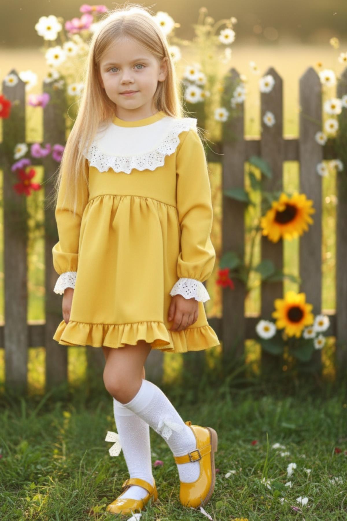 Parla Kids Kız Çocuk Ruby Sarı Uzun Kollu Dantel Detaylı Fırfırlı Elbise, Elbise – Parla Kids resmi ürün görseli