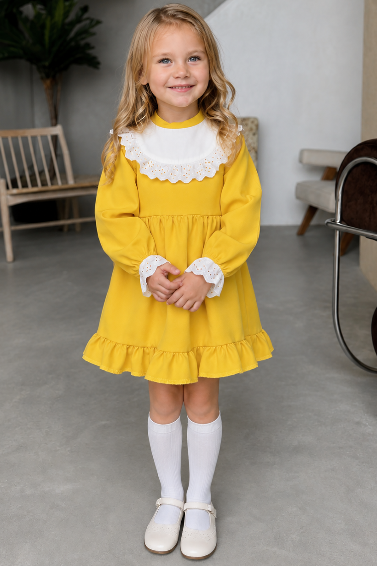 Parla Kids Kız Çocuk Ruby Sarı Uzun Kollu Dantel Detaylı Fırfırlı Elbise Bandana Takım, Elbise – Parla Kids resmi ürün görseli
