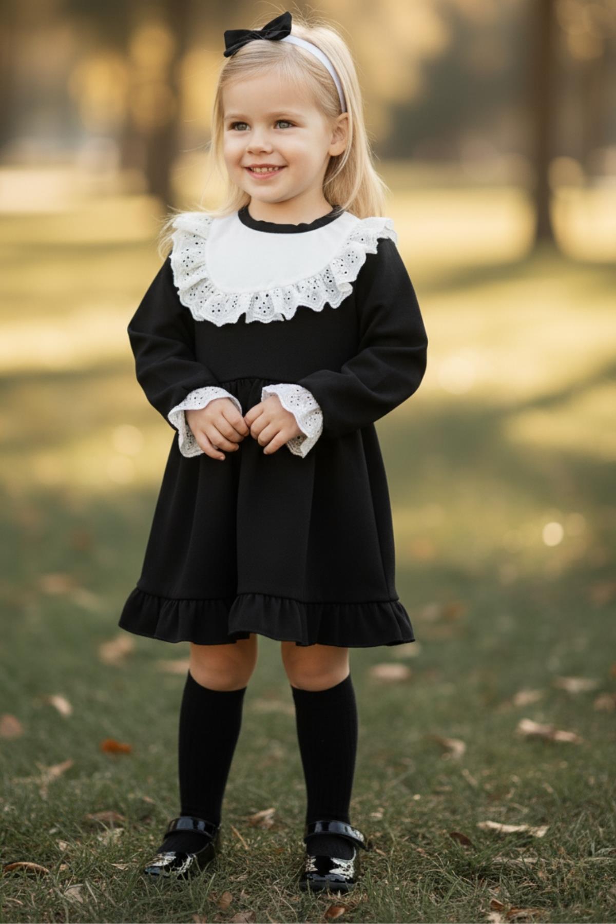 Parla Kids Kız Çocuk Ruby Siyah Uzun Kollu Dantel Detaylı Fırfırlı Elbise Bandana Takım, Elbise – Parla Kids resmi ürün görseli