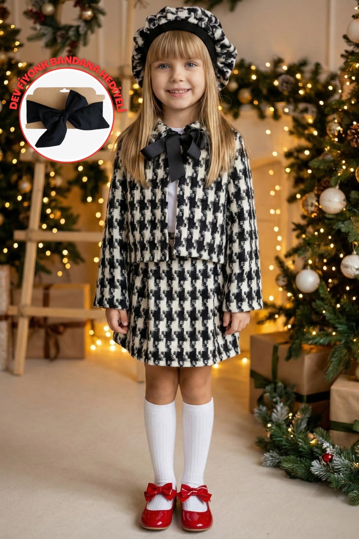 Parla Kids Kız Çocuk Santa Siyah Beyaz Ekose Alt Üst Etek Ceket Kepli Takım, Takımlar – Parla Kids resmi ürün görseli