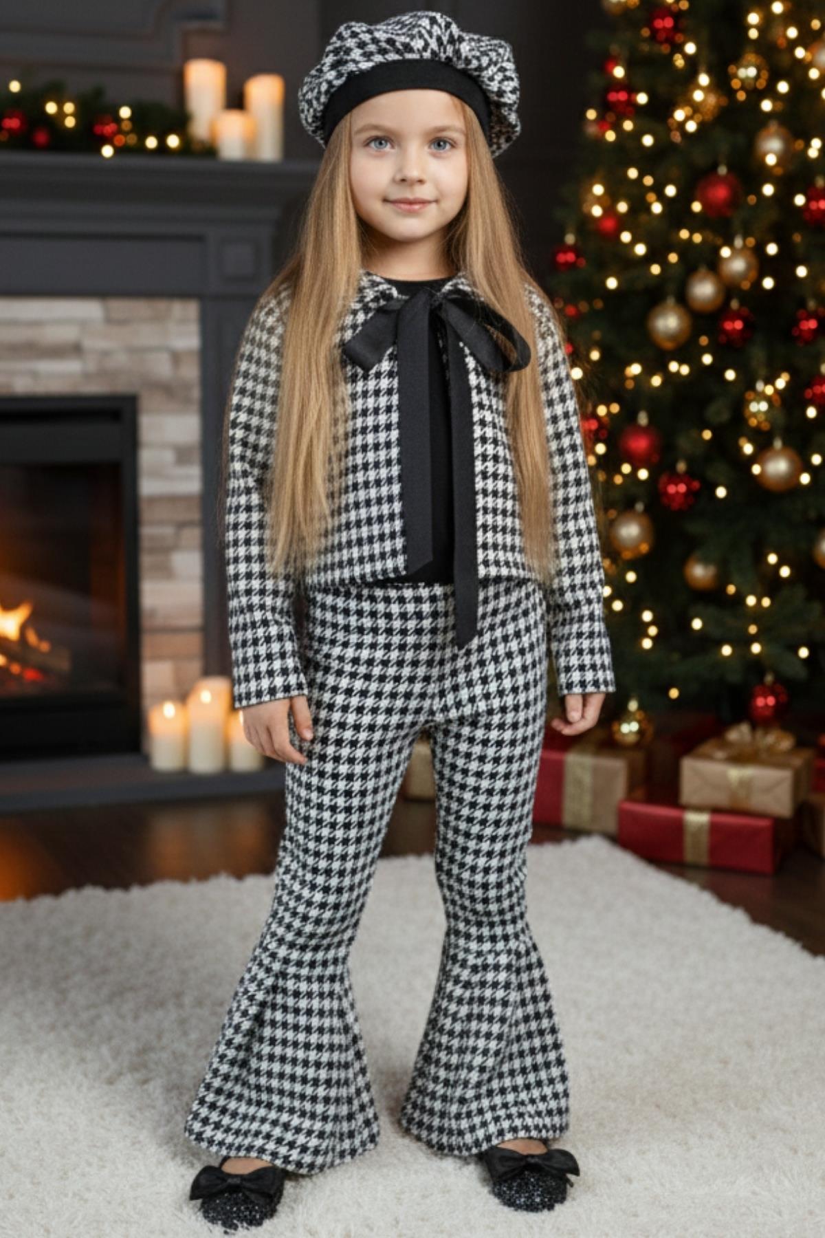 Parla Kids Kız Çocuk Siyah Lizbon Jakarlı Ekose Ceket Pantolon Kep Alt Üst Takım TKM-0179.2, Takımlar – Parla Kids resmi ürün görseli