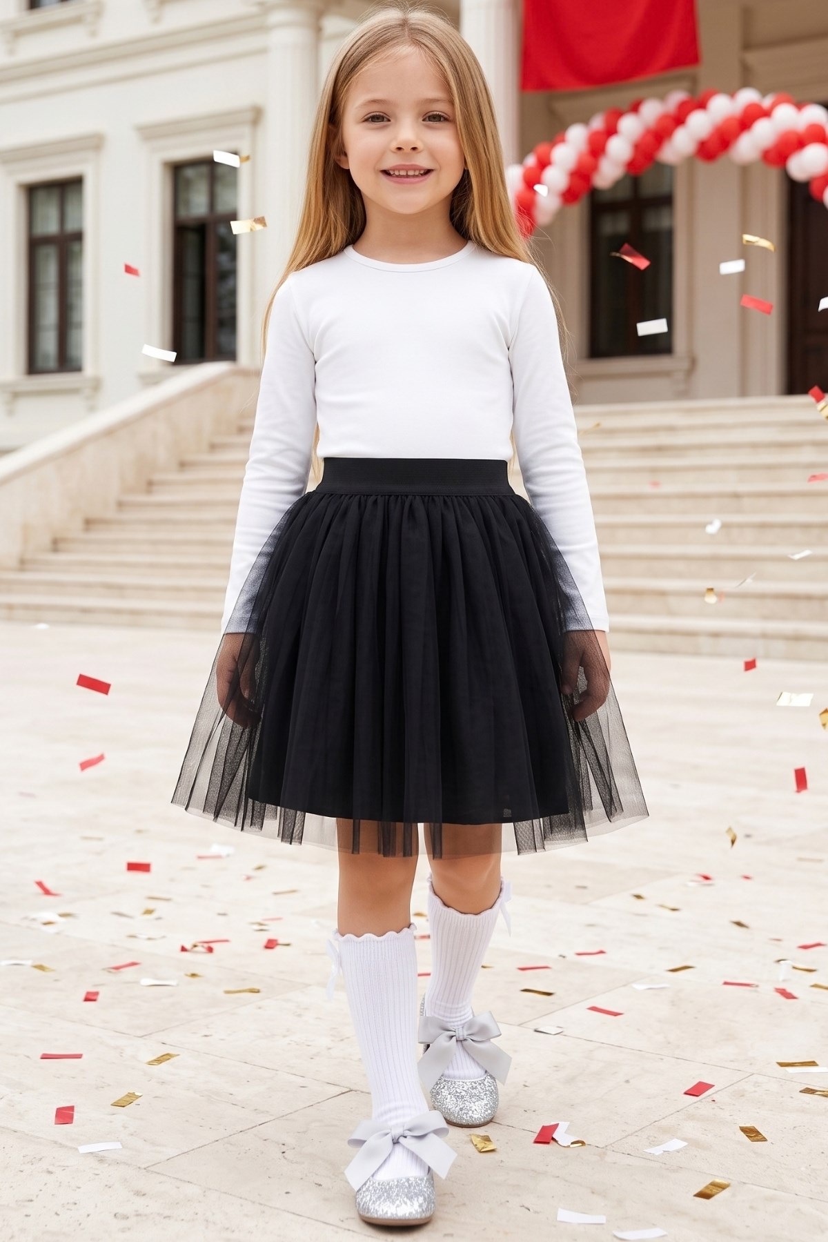 Parla Kids Kız Çocuk Siyah Tüllü Tütü Etek 23 Nisan 29 Ekim 10 Kasım Gösteri Kıyafeti Kostüm, Tayt/Pantolon – Parla Kids resmi ürün görseli