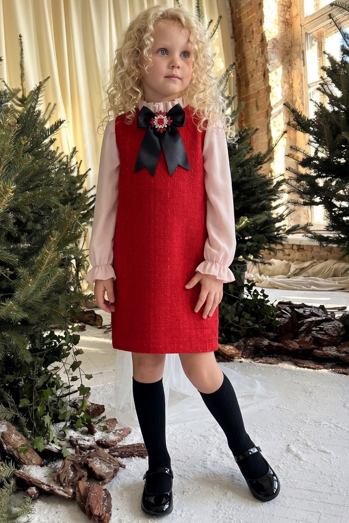 Parla Kids Kız Çocuk Vanessa Broş Detaylı Tüvit Kırmızıı Uzun Kollu Yılbaşı Elbisesi ELB-0082.2, Elbise – Parla Kids resmi ürün görseli