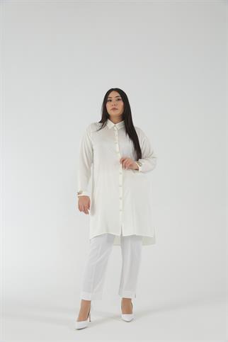 Müsemma Büyük Beden Dokuma Kumaş Ön Kapaması Baskı Düğme Bahar Gömlek 23YGML-MUS0013