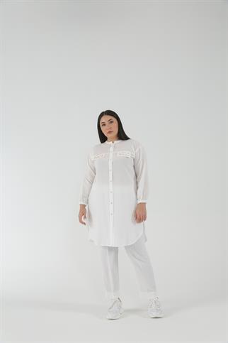 Müsemma Büyük Beden Dokuma Kumaş Süs Cep Detaylı Kolları Lastikli Ceylin Gömlek 23YGML-MUS0003