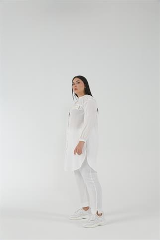 Müsemma Büyük Beden Dokuma Kumaş Süs Cep Detaylı Kolları Lastikli Ceylin Gömlek 23YGML-MUS0003