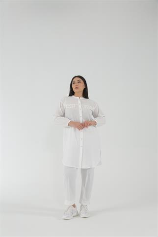 Müsemma Büyük Beden Dokuma Kumaş Süs Cep Detaylı Kolları Lastikli Ceylin Gömlek 23YGML-MUS0003