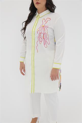 Müsemma Büyük Beden Dokuma Kumaş Tasarım Gökkuşağı Gömlek 23YGML-MUS0006