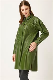 Müsemma Büyük Beden Suni Deri Kumaş Yakut Gömlek 24KGML-MUS0004