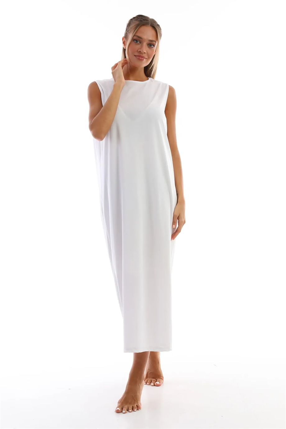 Uzun Kolsuz Elbise Astarı İçlik Jüpon Kombinezon Beyaz