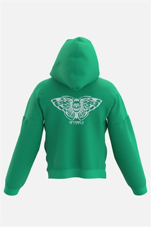AFTERBASE Acid Butterfly Gri Reflektörlü Oversize Yeşil Kapüşonlu  Sweatshirt