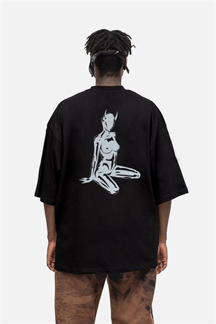 AFTERBASE Devil Girl Gri Reflektörlü Oversize T-shirt