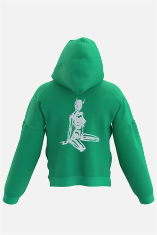 AFTERBASE Devil Girl  Gri Reflektörlü Oversize Yeşil Kapüşonlu Sweatshirt