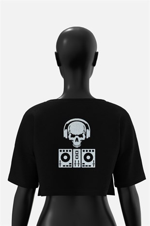 AFTERBASE Dj Skull Gri Reflektörlü Crop T-shirt