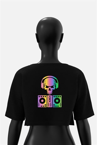 AFTERBASE Dj Skull  Reflektörlü Crop T-shirt