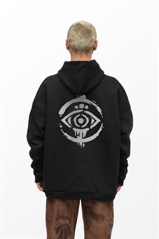 AFTERBASE Eye Mark Gri Reflektörlü Kapüşonlu Oversize Sweatshirt Vr.1