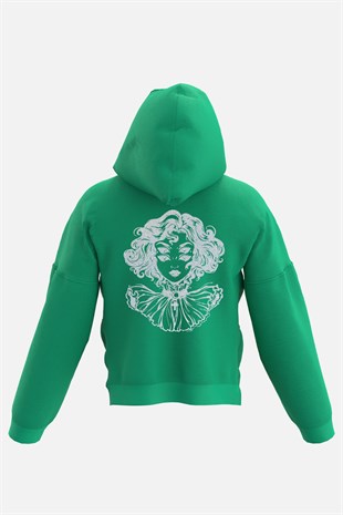 AFTERBASE Illusion Girl Gri Reflektörlü Oversize Yeşil Kapüşonlu Sweatshirt