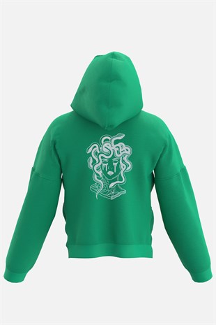 AFTERBASE Medusa Art Gri Reflektörlü Oversize Yeşil Kapüşonlu Sweatshirt