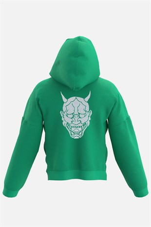 AFTERBASE Oni Mask Gri Reflektörlü Oversize Yeşil Kapüşonlu Sweatshirt