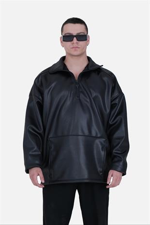 Afterbase Oversize Yarım Fermuarlı Deri Ceket 