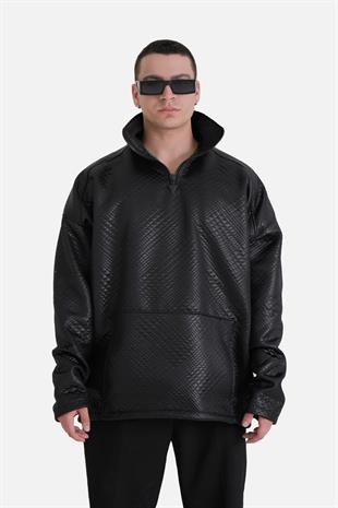 Afterbase Oversize Yarım Fermuar Dokulu Deri Ceket 