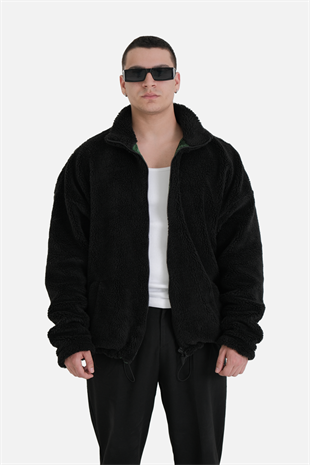 Afterbase Oversize Tam Fermuarlı Siyah Peluş