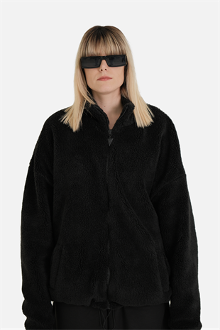 Afterbase Oversize Tam Fermuarlı Siyah Peluş