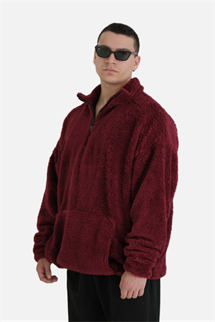 Afterbase Oversize Yarım Fermuarlı Bordo Peluş