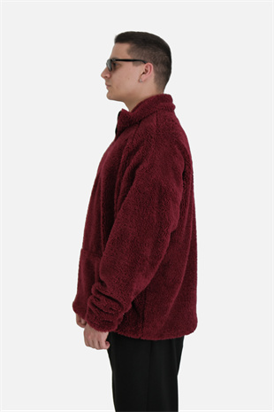 Afterbase Oversize Yarım Fermuarlı Bordo Peluş