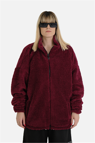 Afterbase Oversize Tam Fermuarlı Bordo Peluş