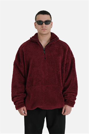 Afterbase Oversize Yarım Fermuarlı Bordo Peluş