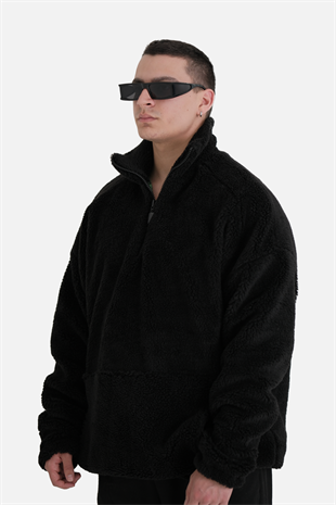 Afterbase Oversize Yarım Fermuarlı Siyah Peluş