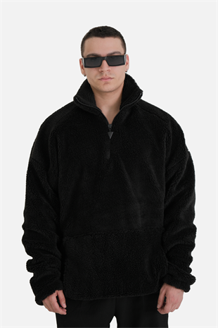 Afterbase Oversize Yarım Fermuarlı Siyah Peluş