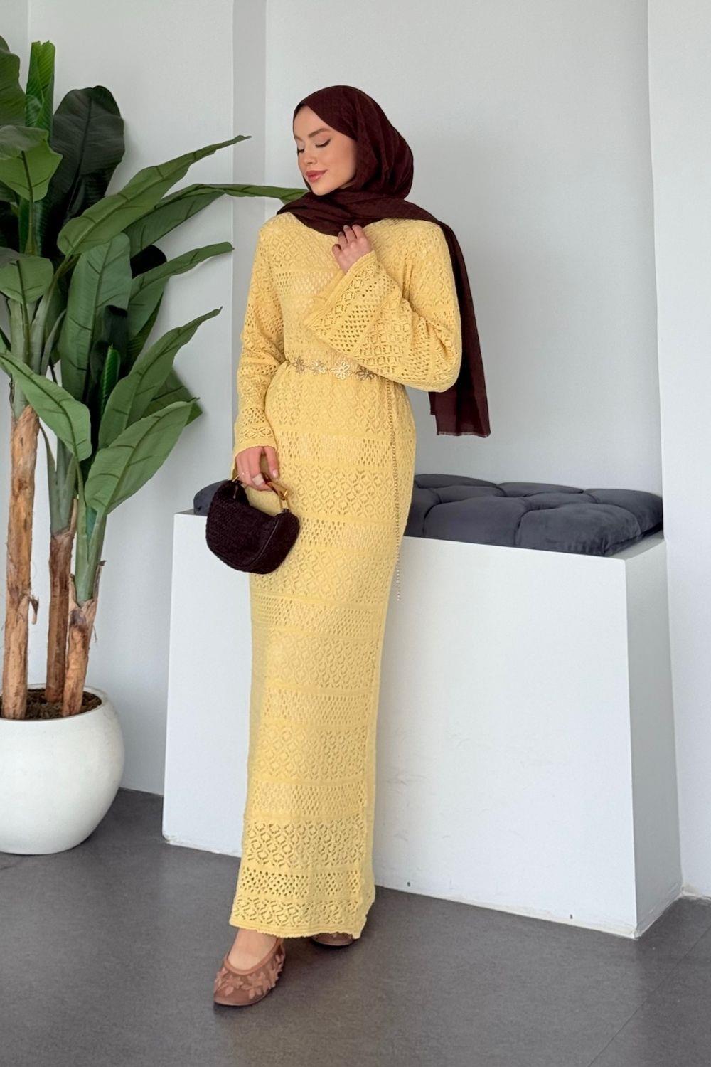 Ajur Örme Elbise Sarı 10053 