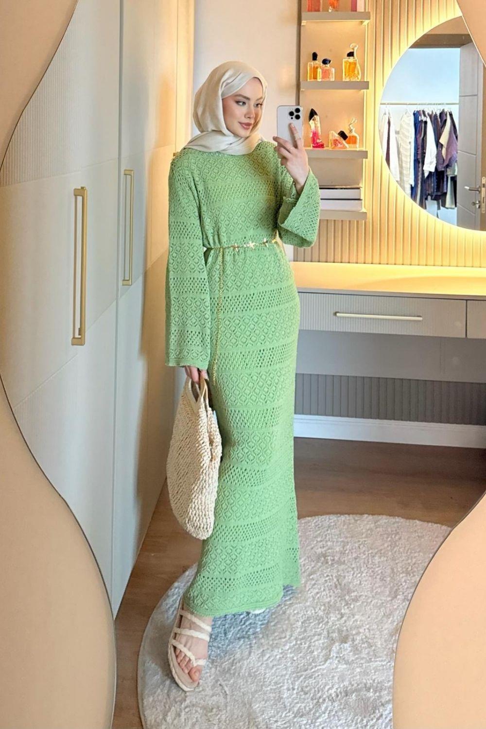 Ajur Örme Elbise Yeşil 10053 