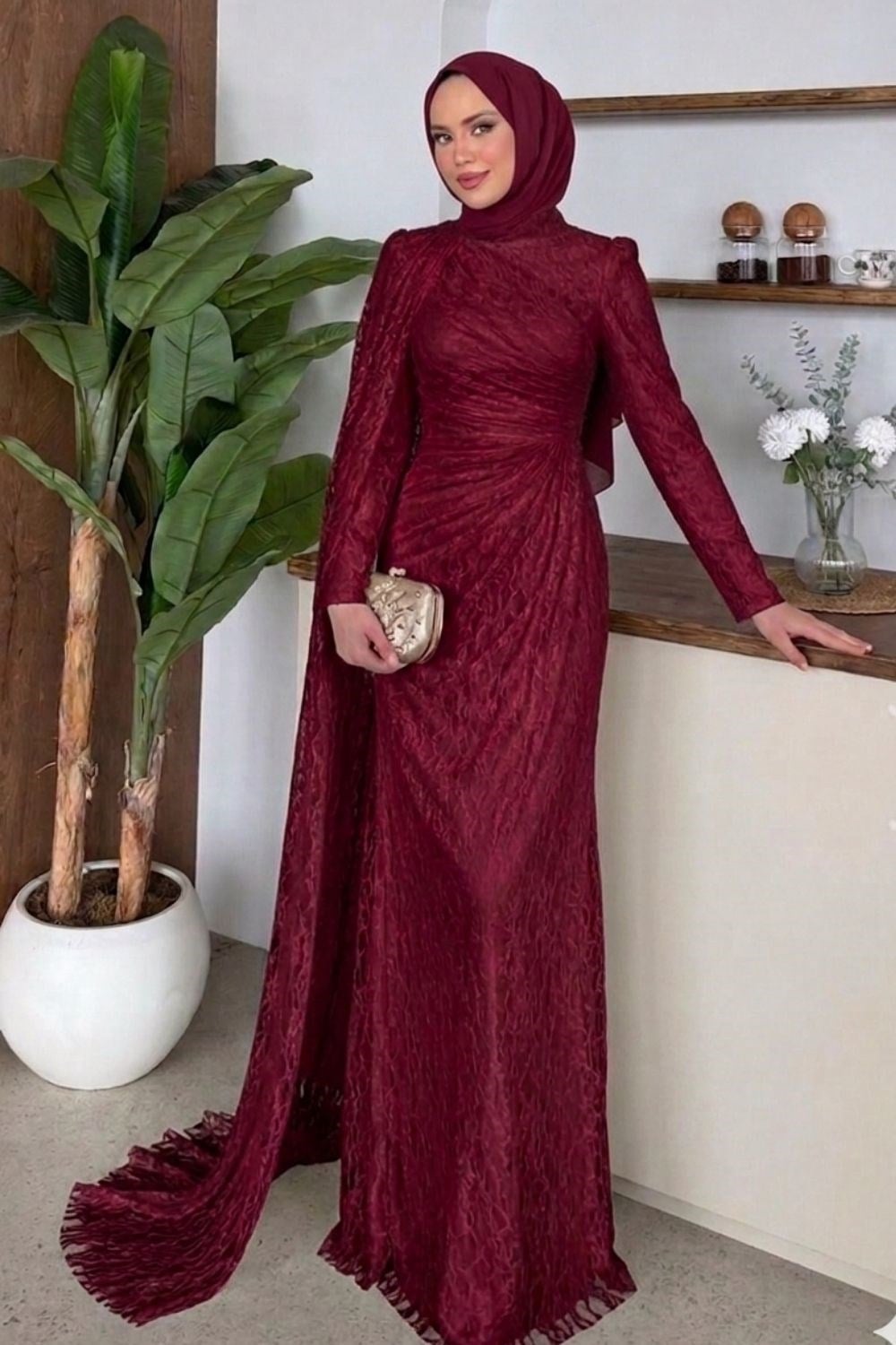 Colette Yandan Pelerin Abiye Bordo 10061 