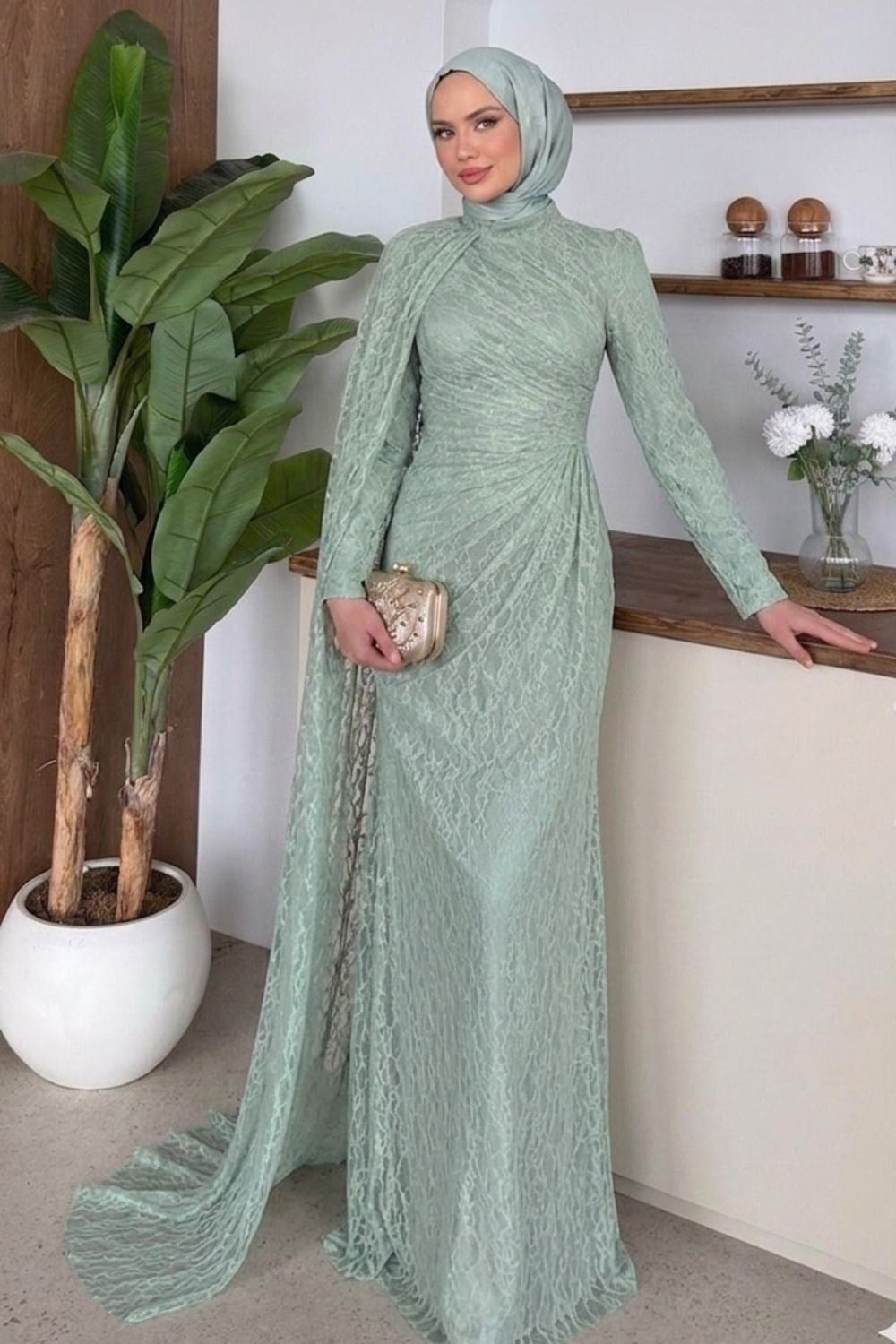 Colette Yandan Pelerin Abiye Su Yeşili 10061 
