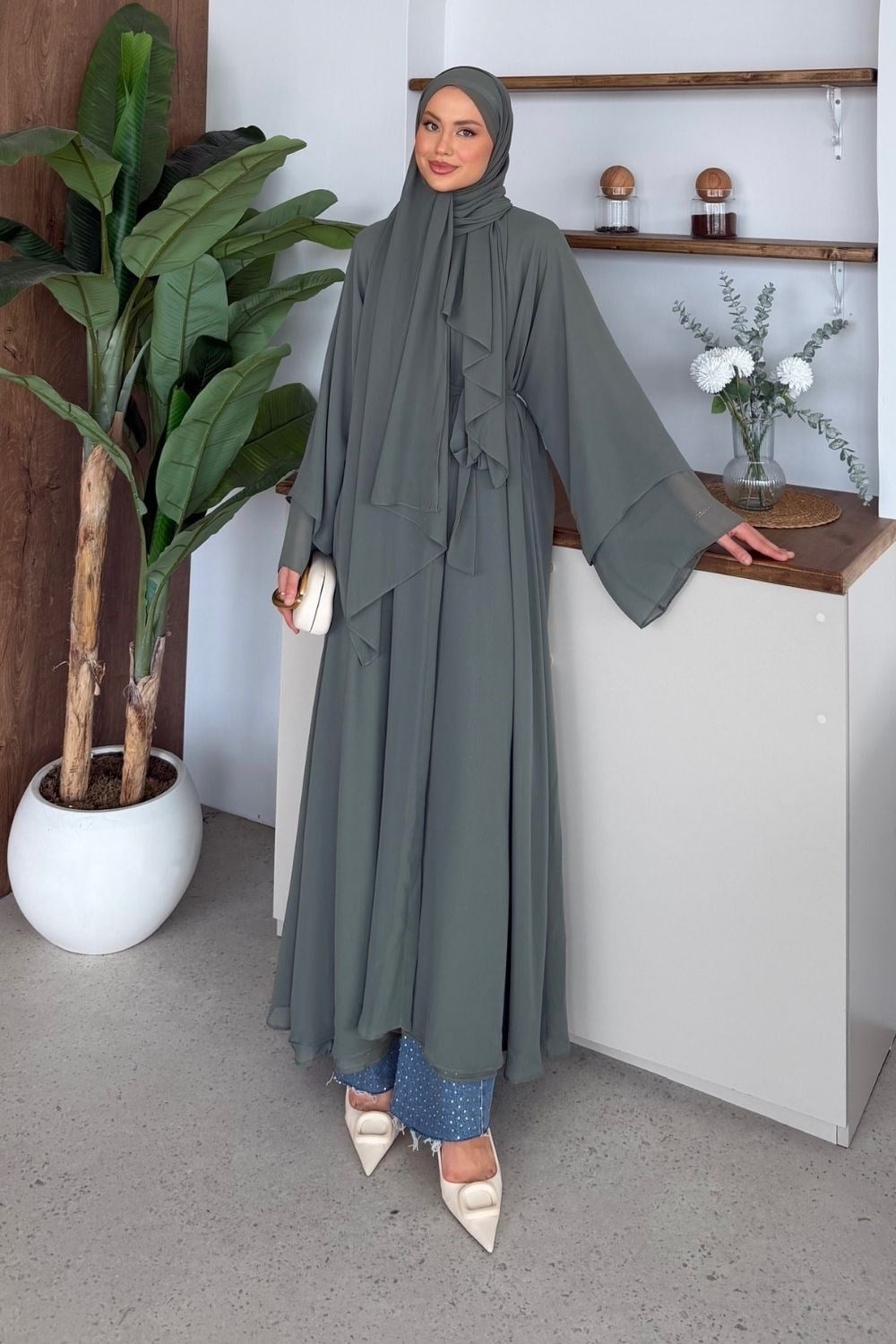Hümay Çıtçıtlı Şal Detay Abaya Haki 10063 