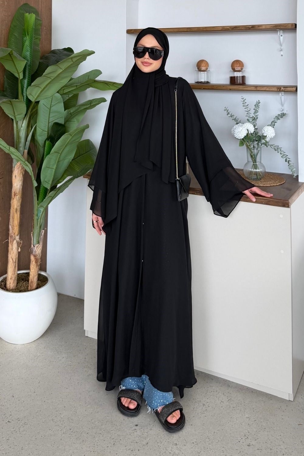 Hümay Çıtçıtlı Şal Detay Abaya Siyah 10063 