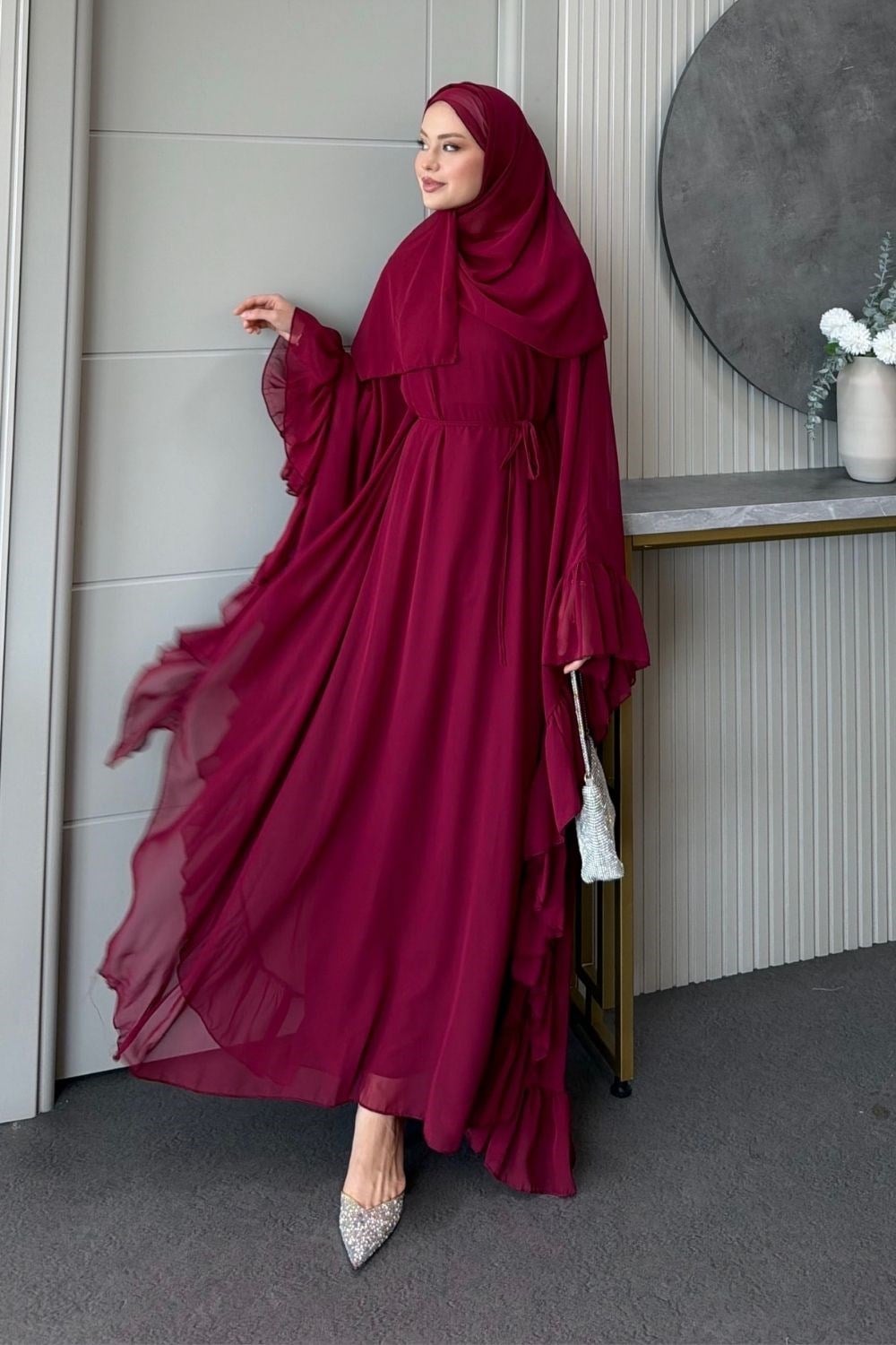 Mısra Pelerinli Elbise Bordo 10069 