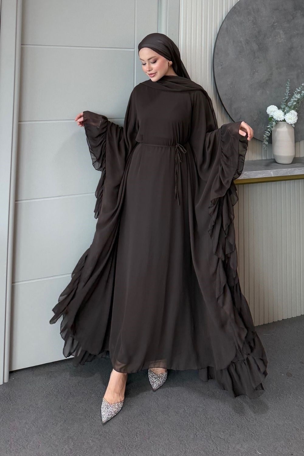 Mısra Pelerinli Elbise Kahverengi 10069 