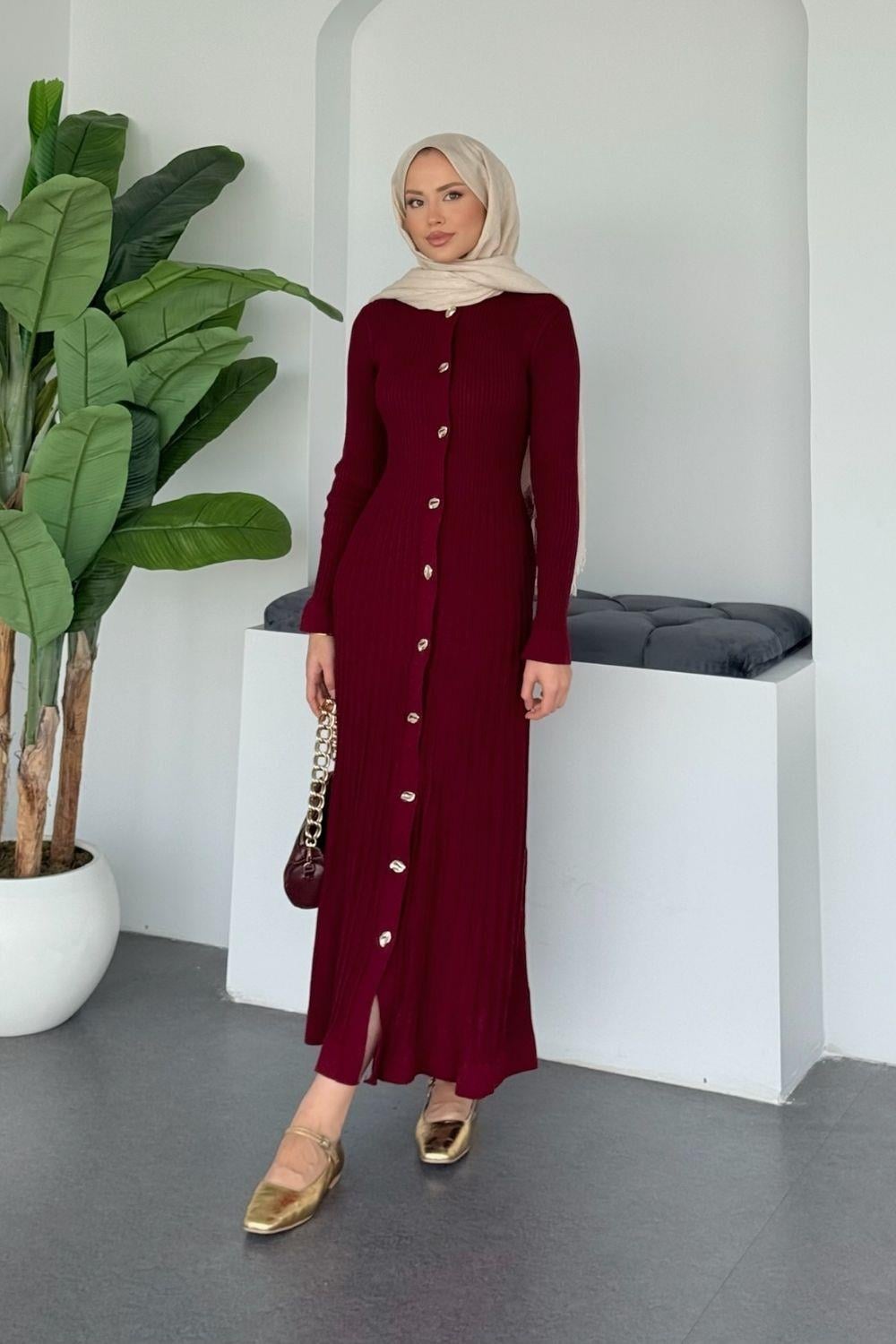 Endam Düğmeli Elbise Bordo 10201 