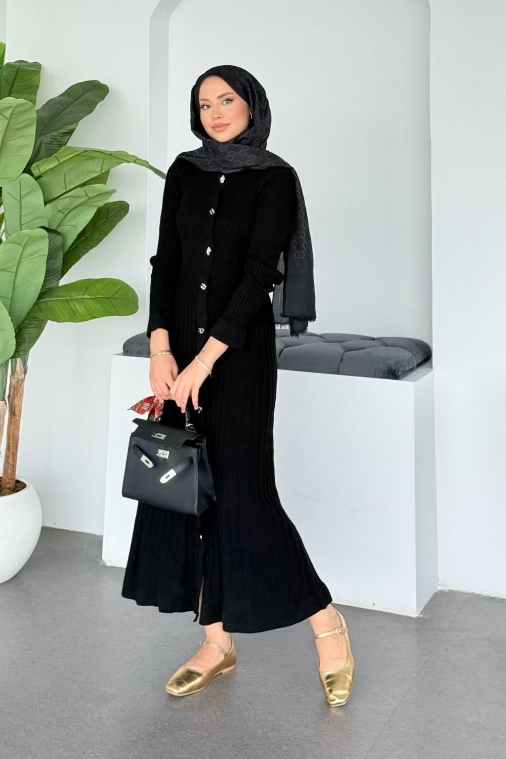 Endam Düğmeli Elbise Siyah 10201 