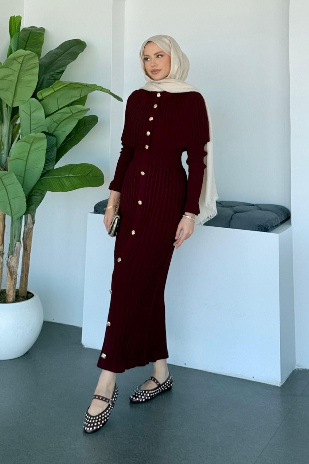 Çınar Pelerin Düğmeli Takım Bordo 10204 